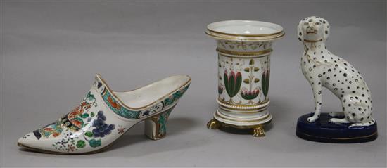 A tinglaze famille verte model of a shoe, a Staffordshire dalmation and an English porcelain spill vase